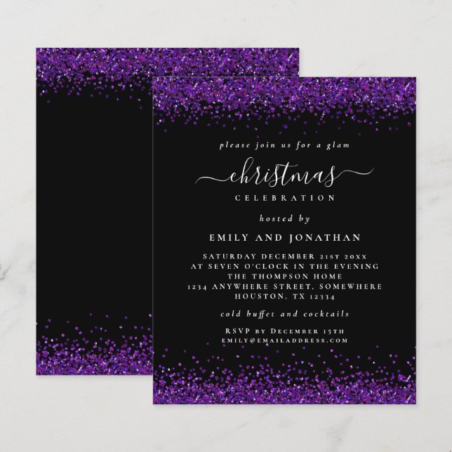 Budget Purple Glitter Christmas Party Black Invite (Front/Back)