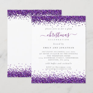 Budget Purple Glitter Christmas Party White Invite