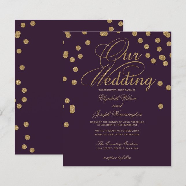 Budget Purple Glitter Confetti Wedding Invitation (Front/Back)
