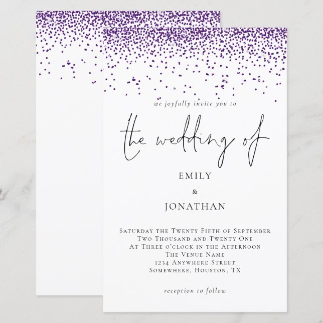 Budget Purple Glitter Confetti Wedding Invitation (Front/Back)