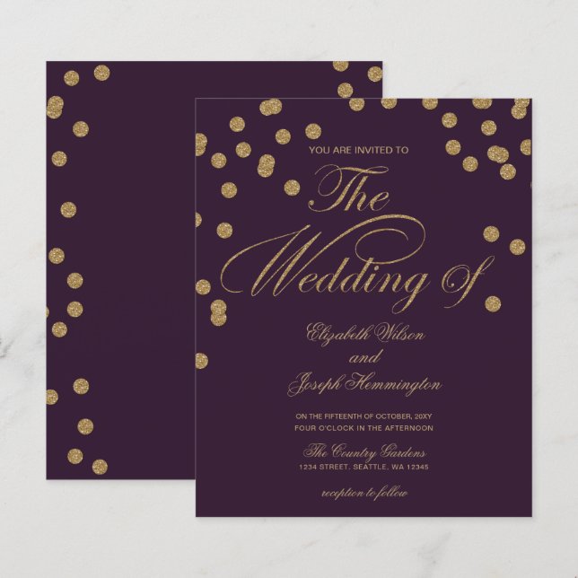 Budget Purple Glitter Confetti Wedding Invitation (Front/Back)