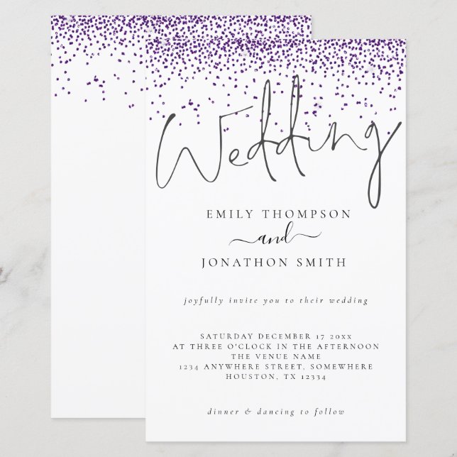 Budget Purple Glitter Confetti Wedding Invite (Front/Back)