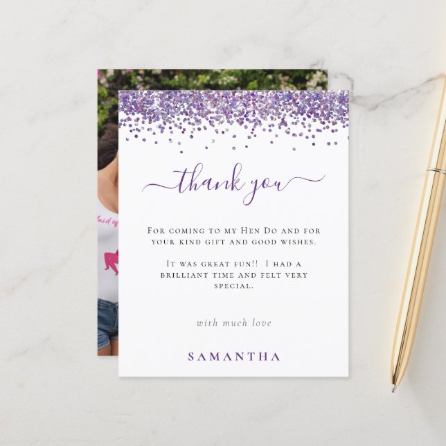 Budget Purple Glitter Photo Hen Party Thank You (Front/Back In Situ)