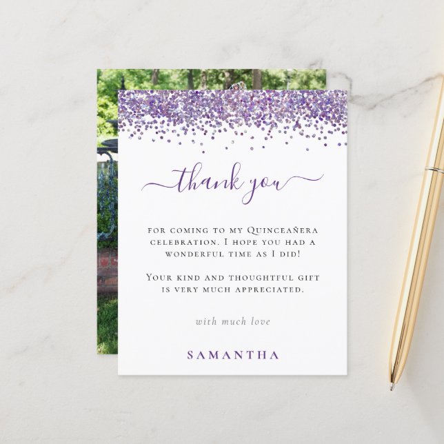 Budget Purple Glitter Photo Quinceanera Thank You (Front/Back In Situ)