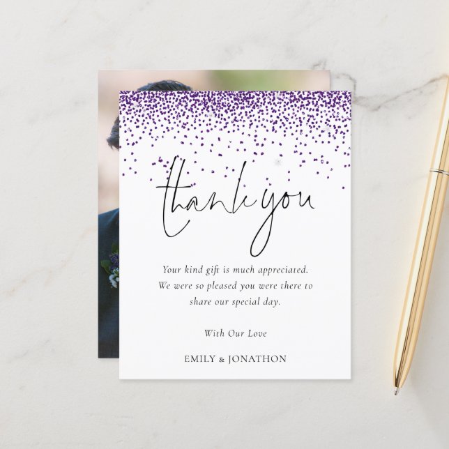Budget Purple Glitter Photo Wedding Thank You (Front/Back In Situ)