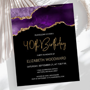 Budget Purple Gold Agate 40th Birthday Invitation