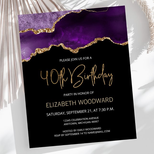 Budget Purple Gold Agate 40th Birthday Invitation (Creator Uploaded)