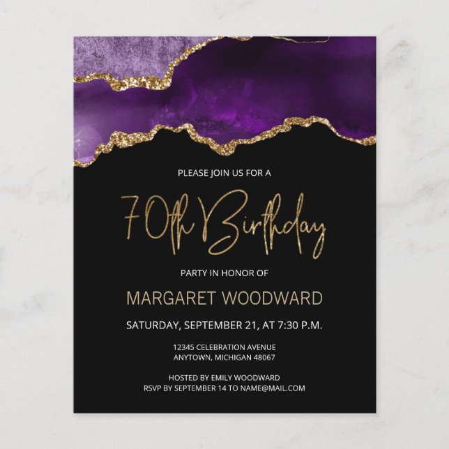 Budget Purple Gold Agate 70th Birthday Invitation (Front)
