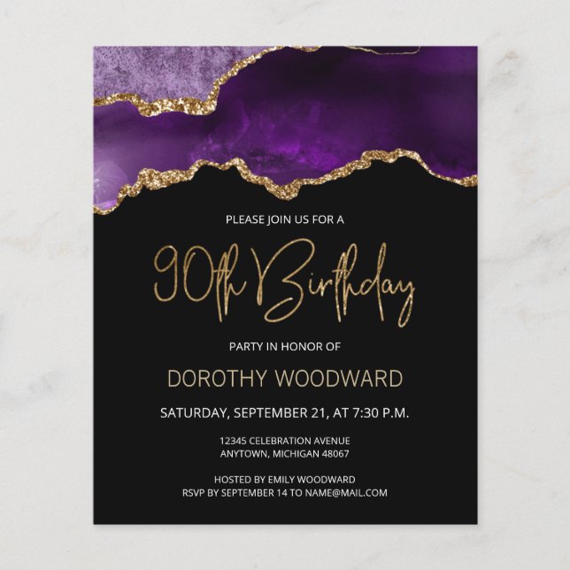 Budget Purple Gold Agate 90th Birthday Invitation (Front)