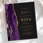 Budget Purple Gold Agate Dark 50th Birthday<br><div class="desc">The left-hand edge of this elegant modern 50th birthday party invitation features a purple watercolor agate border trimmed with gold faux glitter. The customisable text combines gold-coloured handwriting,  copperplate and italic fonts on a slate black background. The reverse side features a matching purple and gold agate design.</div>