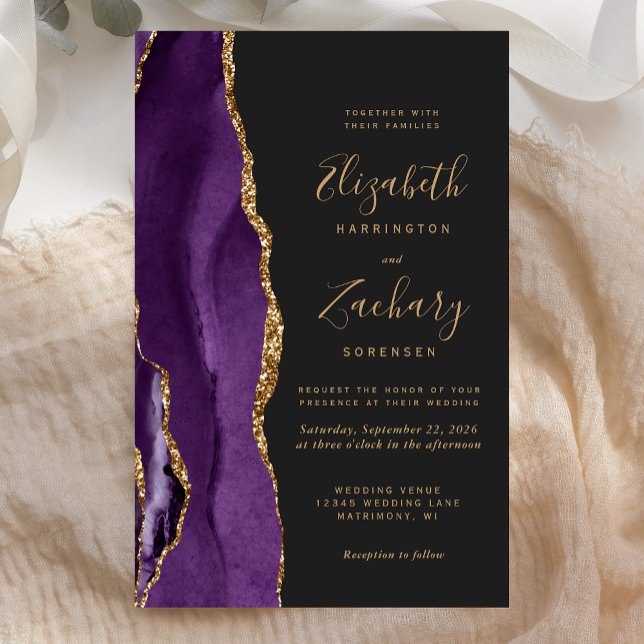 Budget Purple Gold Agate Dark Wedding Invitation (Creator Uploaded)