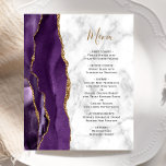 Budget Purple Gold Agate Marble Wedding Menu<br><div class="desc">The left-hand edge of this elegant modern wedding menu features a purple watercolor agate border trimmed with faux gold glitter. The customisable text combines gold-coloured handwriting script with black copperplate font on a grey and white marble texture background. The reverse side features a matching purple and gold agate design.</div>