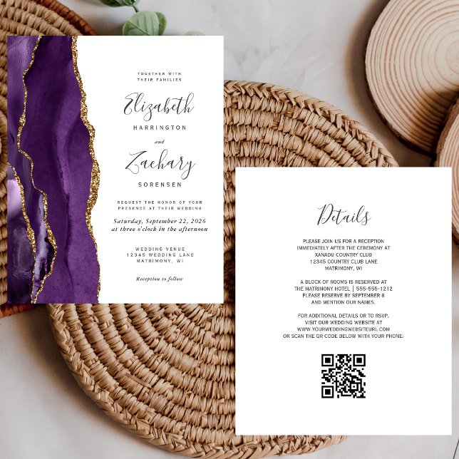 Budget Purple Gold Agate QR Code Wedding Invite (Creator Uploaded)