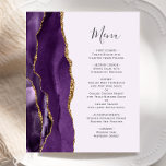 Budget Purple Gold Agate Wedding Menu<br><div class="desc">The left-hand edge of this elegant modern wedding menu features a purple watercolor agate border trimmed with faux gold glitter. The customizable text combines charcoal gray handwriting script and copperplate fonts on a pale purple background. The reverse side features a matching purple and gold agate design.</div>