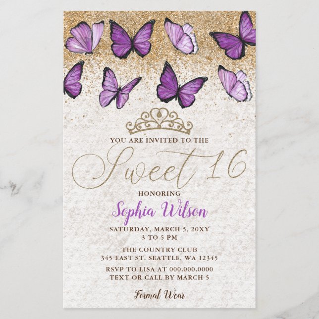 Budget Purple Gold Butterfly Sweet 16 Invitation (Front)