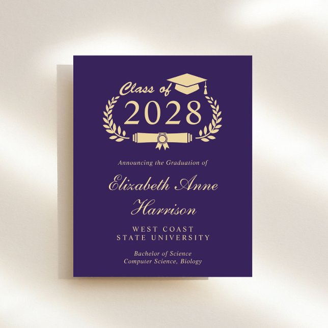 Budget Purple Gold College Graduation Announcement (Share the pride and excitement of your graduate's achievement with friends and family near and far)