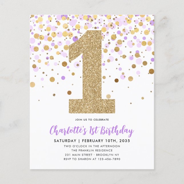 Budget Purple Gold Confetti Girl 1st Birthday (Front)