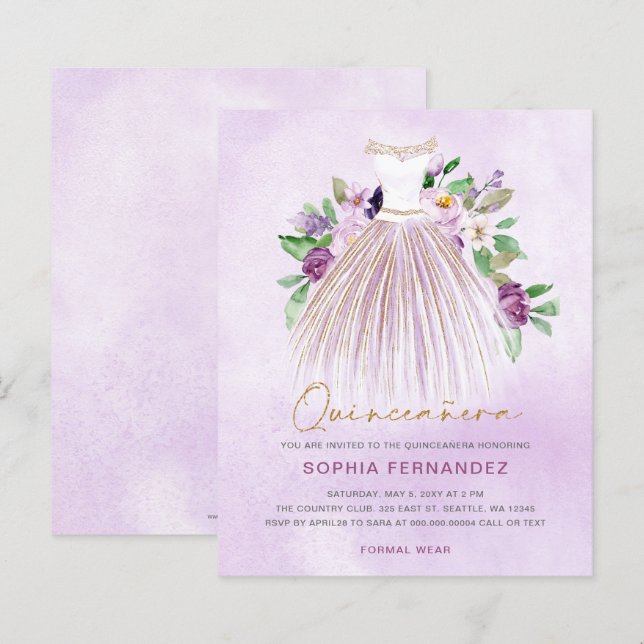 Budget Purple Gold Dress Quinceañera Invitation (Front/Back)