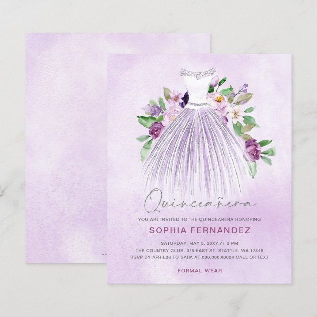 Budget Purple Gold Dress Quinceañera Invitation (Front/Back)