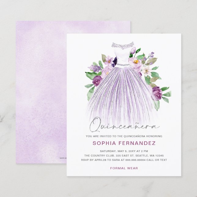 Budget Purple Gold Dress Quinceañera Invitation (Front/Back)