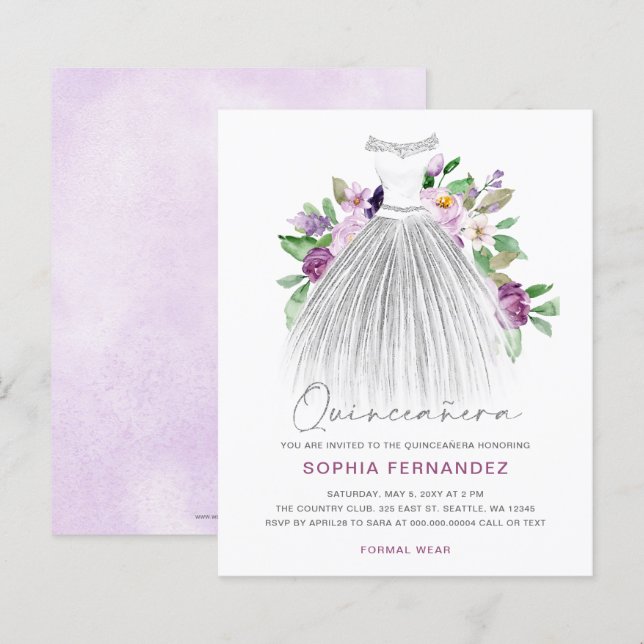 Budget Purple Gold Dress Quinceañera Invitation (Front/Back)