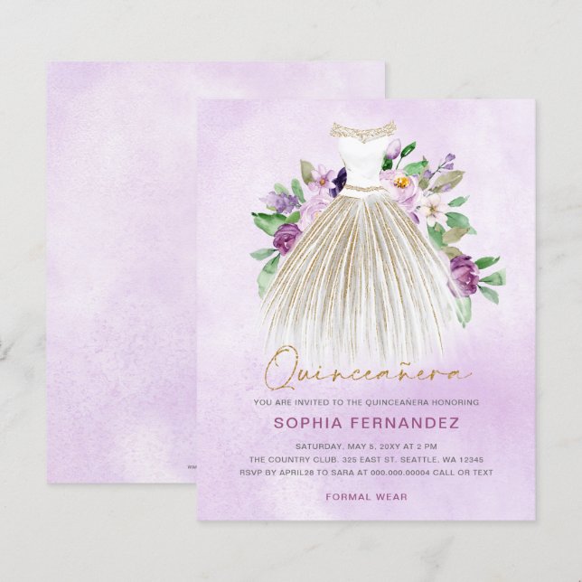 Budget Purple Gold Dress Quinceañera Invitation (Front/Back)