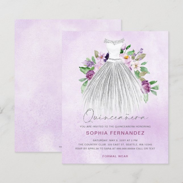 Budget Purple Gold Dress Quinceañera Invitation (Front/Back)