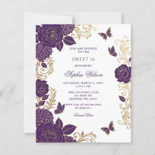 Budget Purple Gold Floral Butterfly Sweet 16