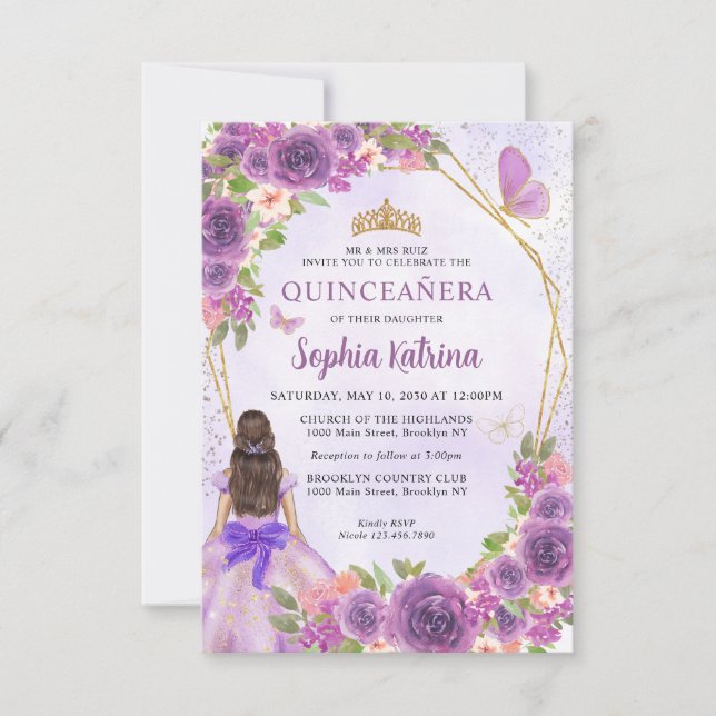 Budget Purple Gold Floral Princess Quinceañera Card (Front)