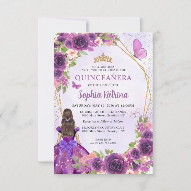 Budget Purple Gold Floral Princess Quinceañera Card (Front)