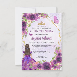 Budget Purple Gold Floral Princess Quinceañera Card