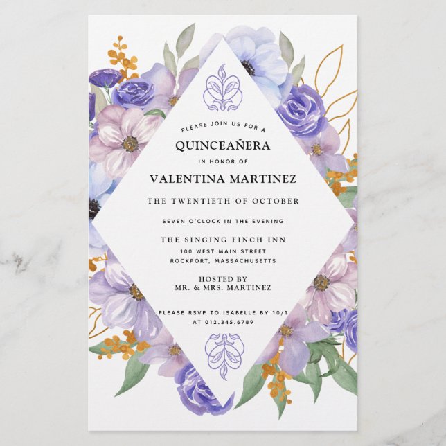 Budget Purple Gold Floral Quinceanera Invitation (Front)