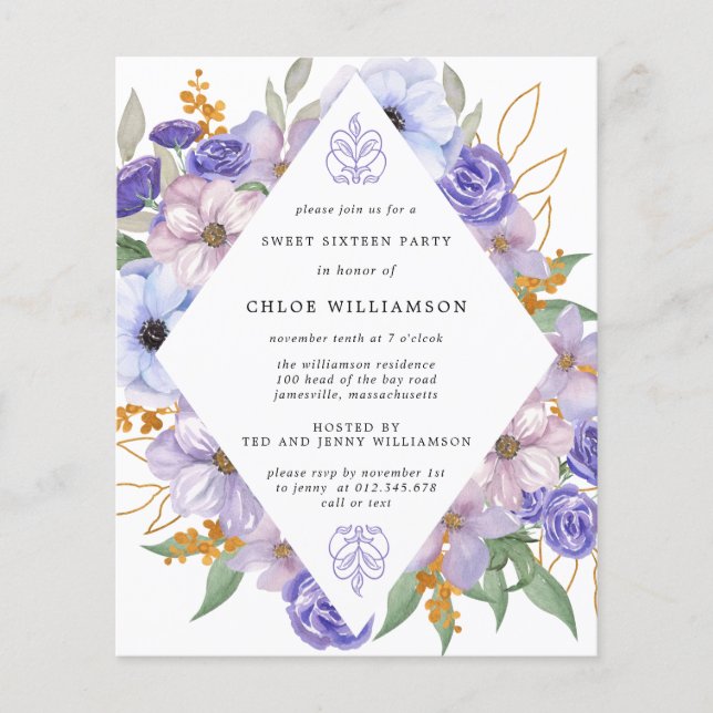 Budget Purple Gold Floral Sweet Sixteen Invitation (Front)