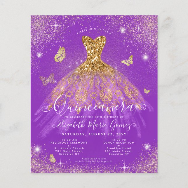 Budget Purple Gold Glitter Gown Quinceanera Invite (Front)