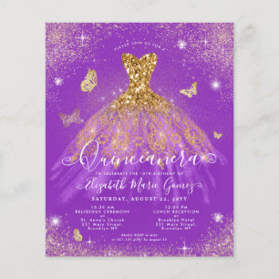 Budget Purple Gold Glitter Gown Quinceanera Invite