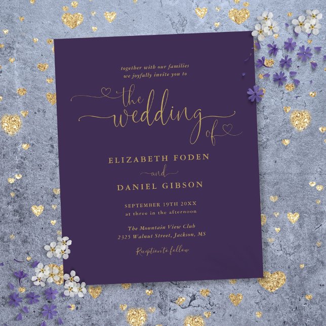 Budget Purple Gold Hearts Script Wedding Invite (Budget Purple Gold Hearts Script Wedding Invite)