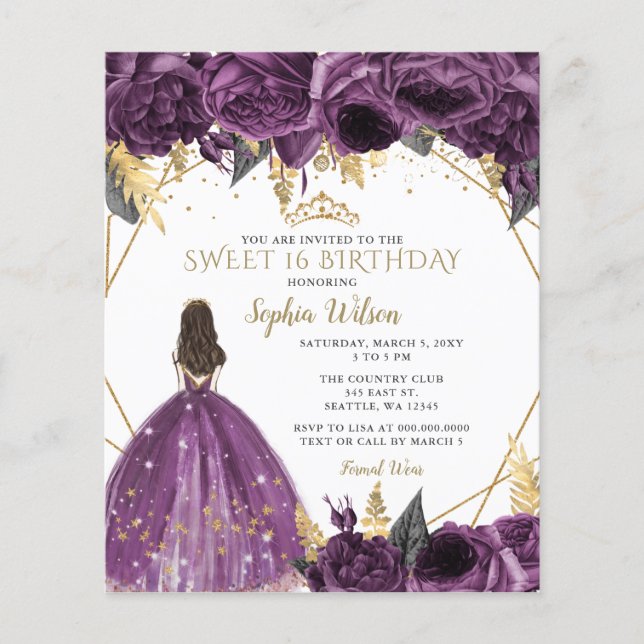Budget Purple Gold Princess Sweet 16 Invitation (Front)