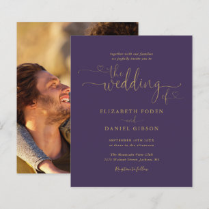 Budget Purple Gold Script Photo Wedding Invite