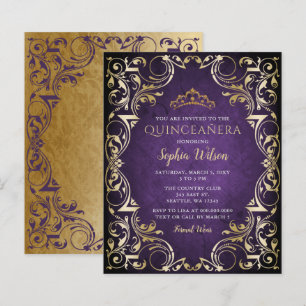 Budget Purple Gold Tiara Quinceañera Invitation
