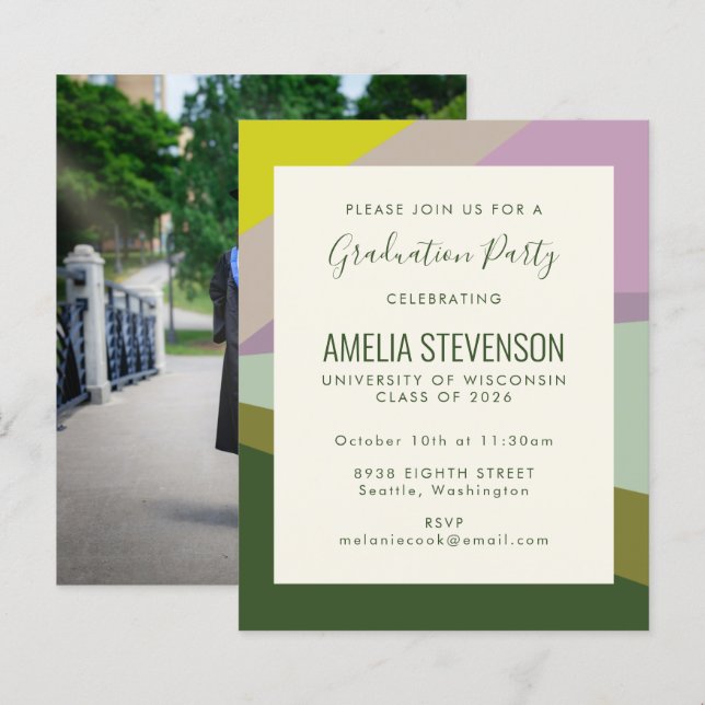 Budget Purple Green Graduation Party Photo Invite (Front/Back)