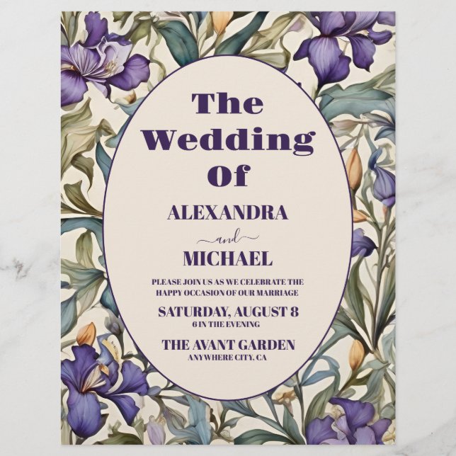 Budget Purple Iris Art Nouveau Wedding Flyer (Front)