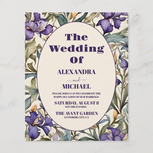 Budget Purple Iris Art Nouveau Wedding Invitation (Front)