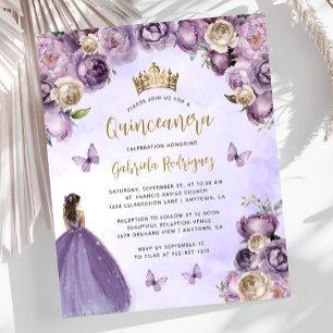 Budget Purple Ivory Gold Floral Quinceañera Invite