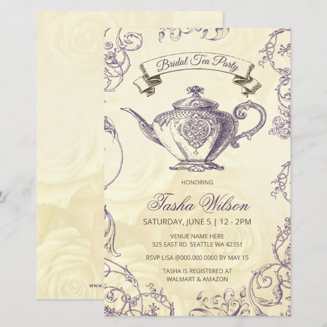 Budget Purple Ivory Vintage Bridal Tea Invitation (Front/Back)
