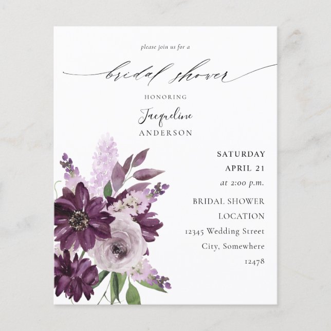 Budget Purple & Lavender Floral Bridal Shower Flyer (Front)