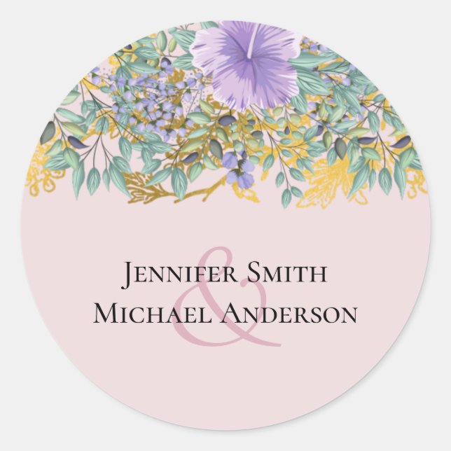 Budget Purple Lavender Floral Greenery Wedding Classic Round Sticker (Front)
