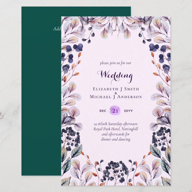 BUDGET Purple Lavender Leaves Wedding Invites A9 (Front/Back)