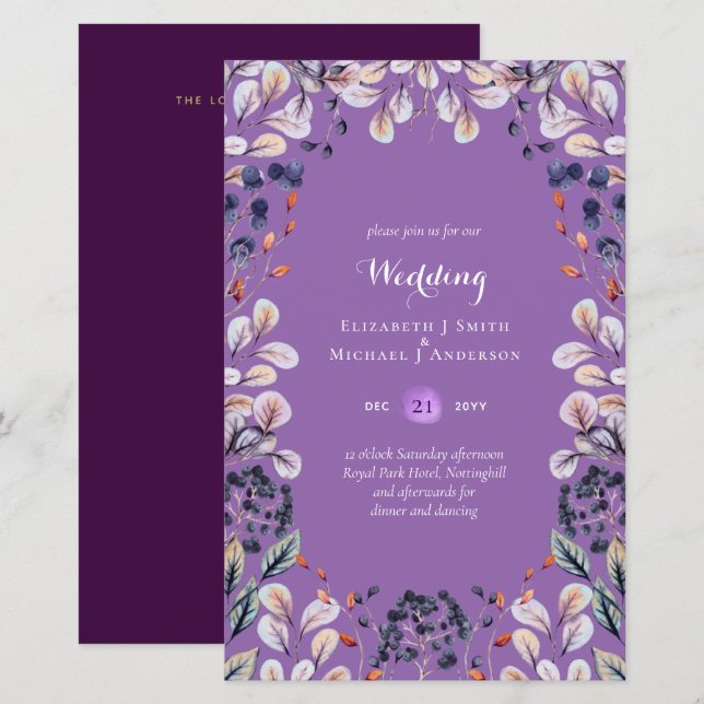 BUDGET Purple Lavender Leaves Wedding Invites A9 (Front/Back)