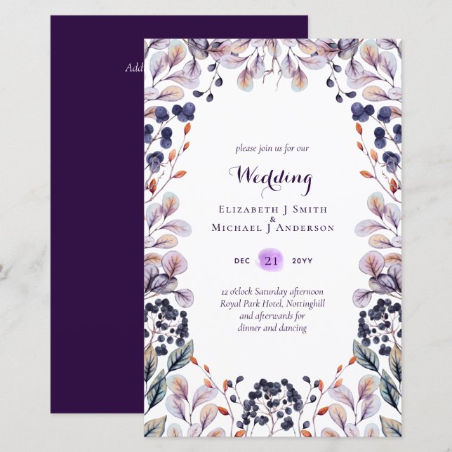 BUDGET Purple Lavender Leaves Wedding Invites A9 (Front/Back)