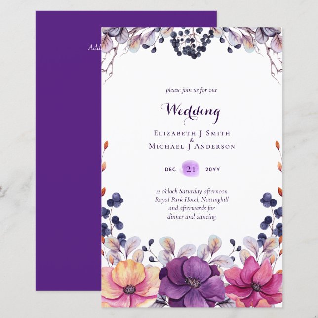 BUDGET Purple Lavender Leaves Wedding Invites A9 (Front/Back)